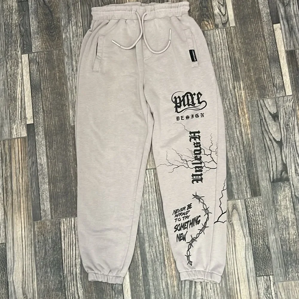 🔥🔥 Y2K MACHINIST Streetwear Brand Graphic Gray Sweatpants Men Size Large - EUC